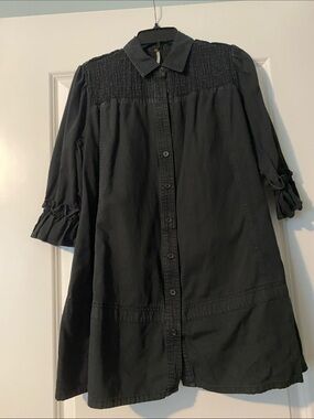 NWOT Free People Black Smocked Button-Front Long Denim Top